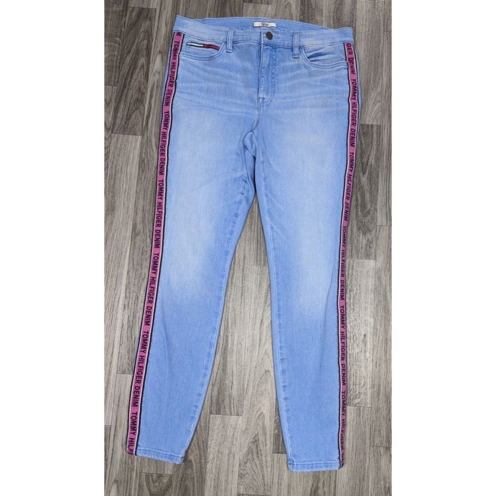 Tommy Hilfiger Womens Size 8 Pockets Pink Striped Skinny Denim Blue Jeans